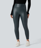 Pantalon polaire simili cuir extensible taille haute avec poches