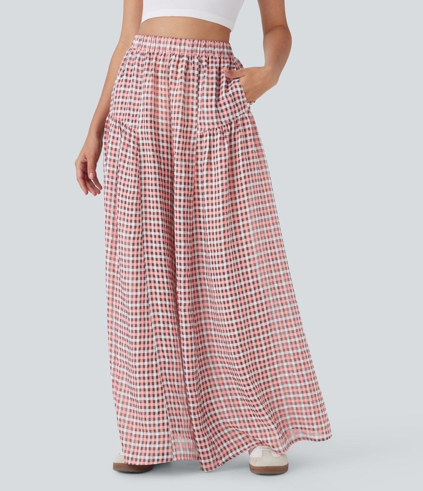 Pantalon décontracté à carreaux taille haute coupe ample avec poches latérales