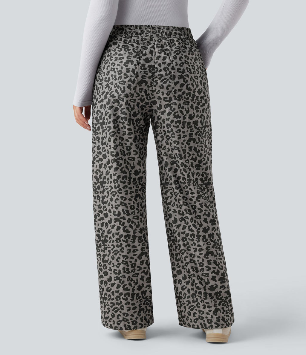 Pantalon léopard ample décontracté velours côtelé imprimé taille haute avec poches