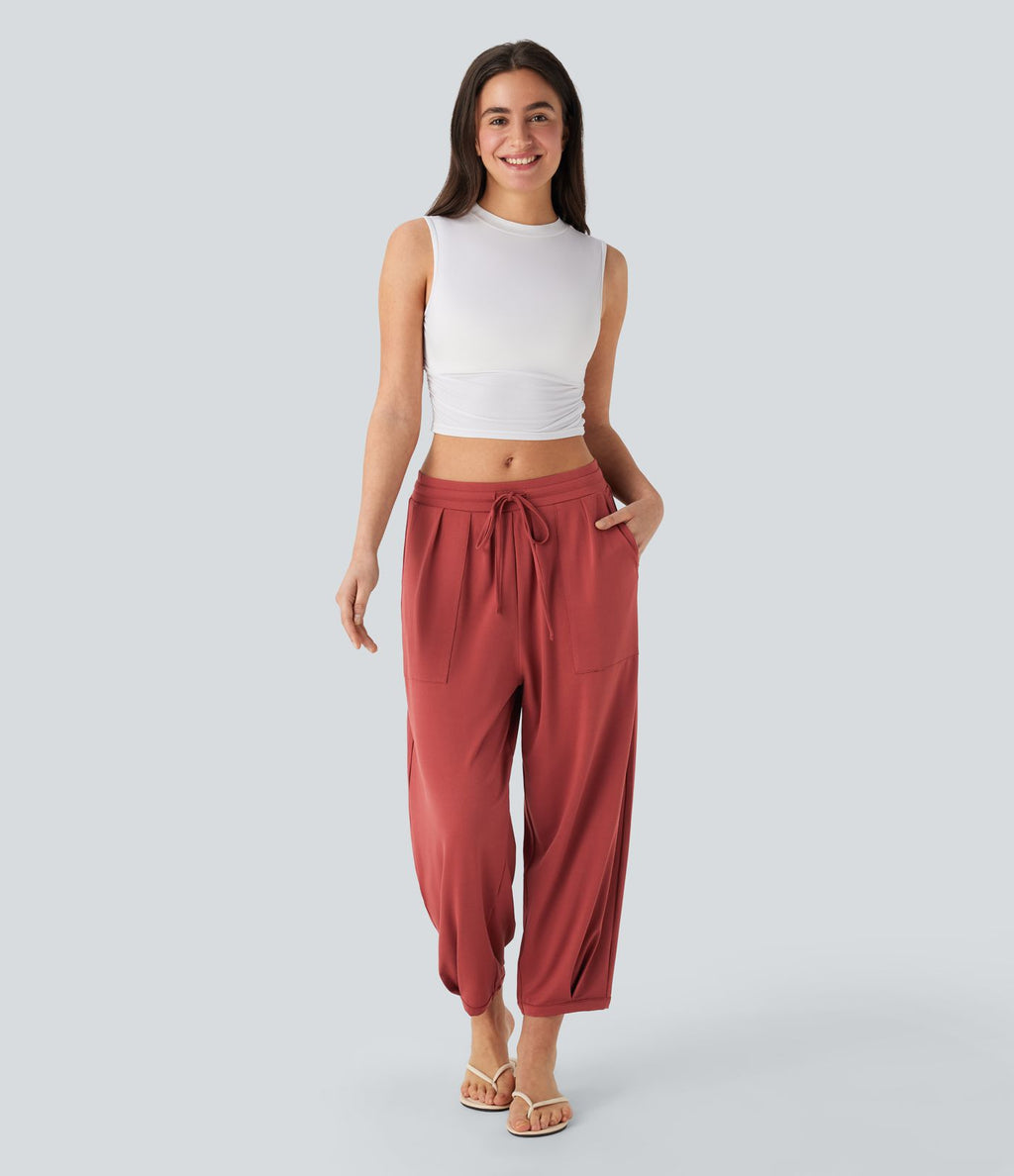Pantalon décontracté fuselé à taille moyenne avec cordon et poches