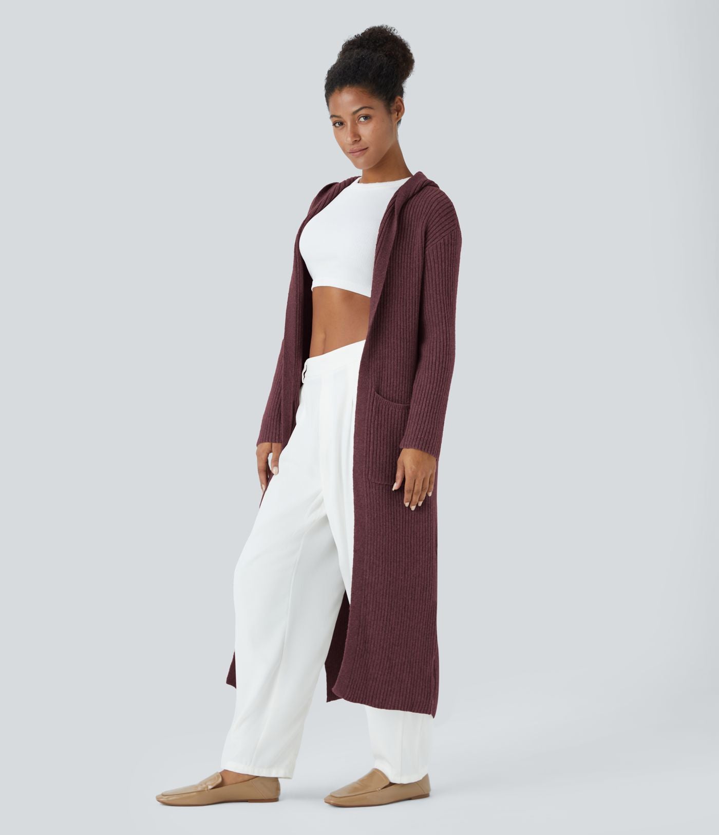 Cardigan long casual à capuche, manches longues et poches