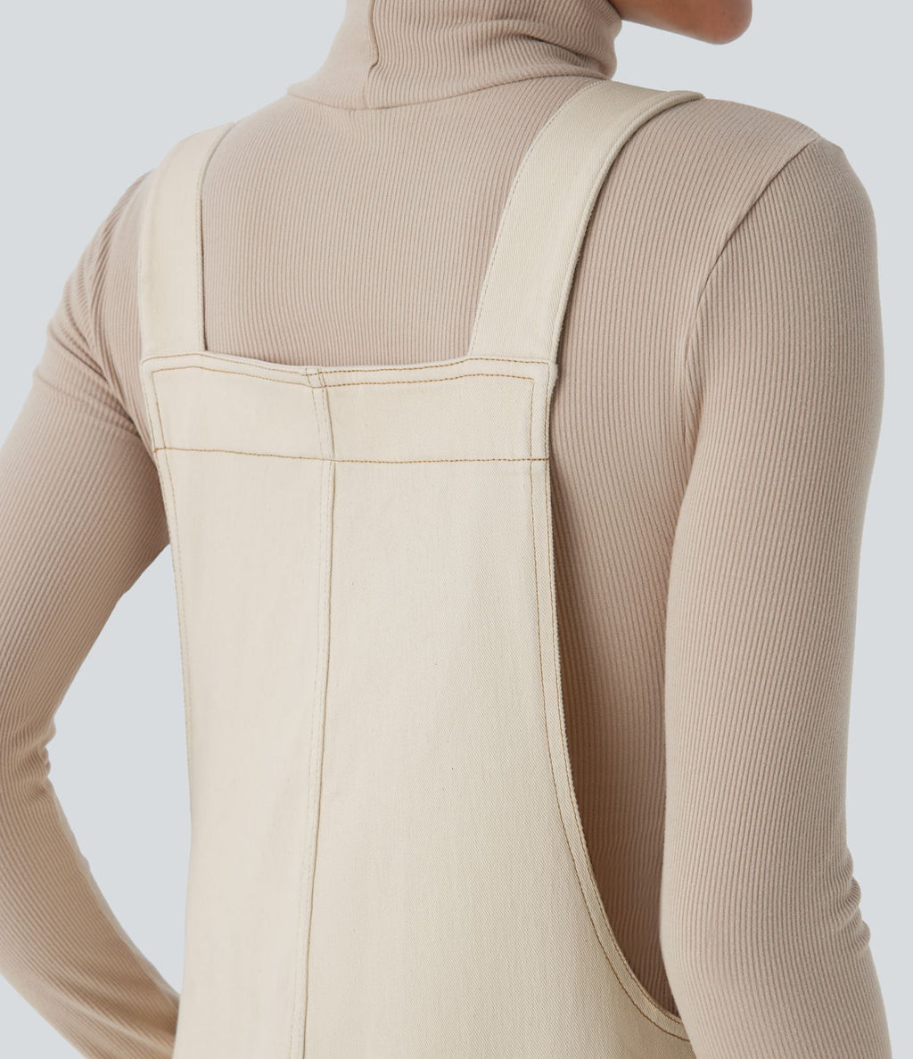 Salopette décontractée Halara Flex™ en denim extensible délavé, col V et poches latérales
