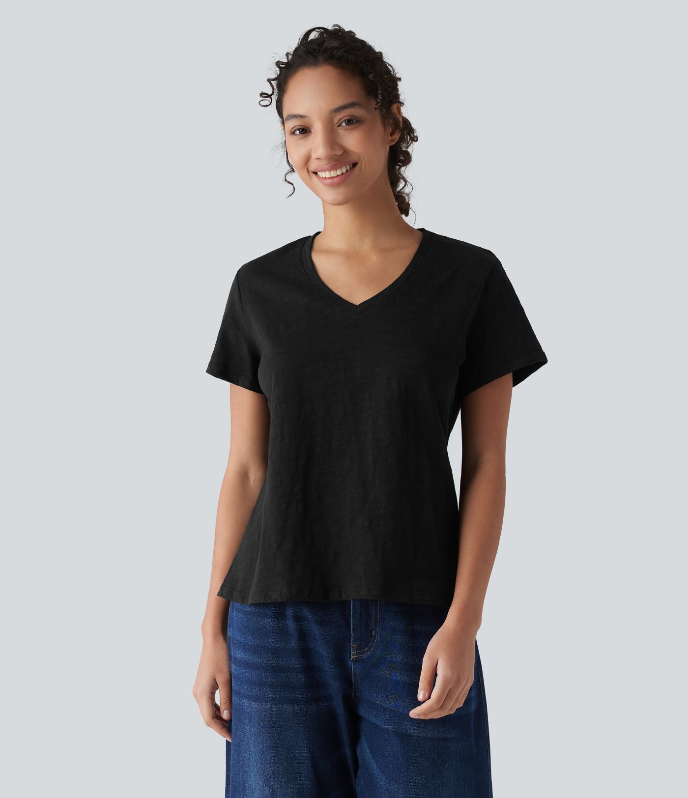T-shirt casual ample col V manches courtes en coton slub
