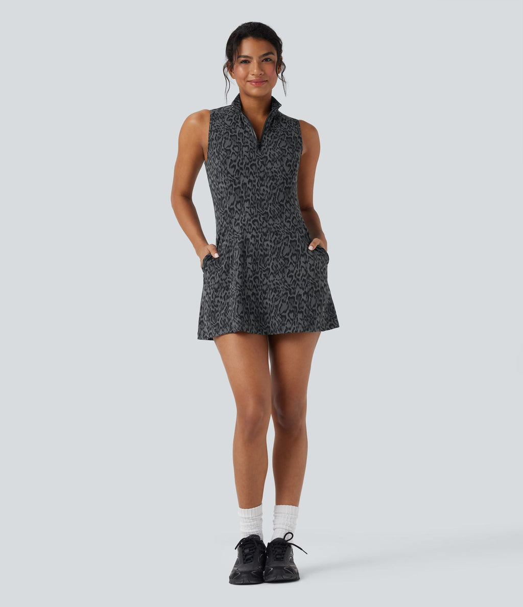 Robe de tennis active micro Halara UltraSculpt™ imprimé léopard col polo demi-fermeture éclair sans manches avec poches