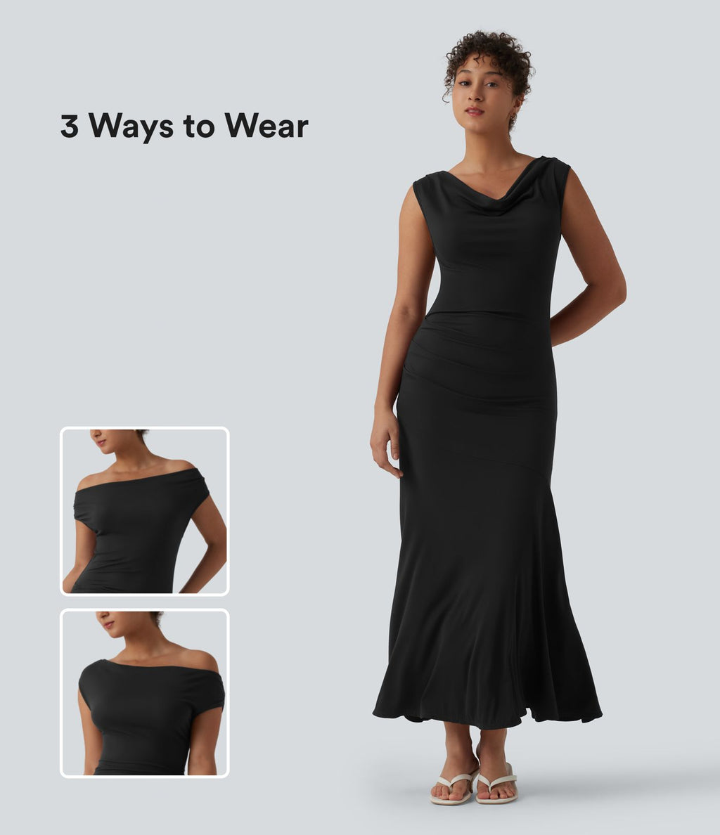 Robe décontractée maxi sans manches col drapé maille côtelée