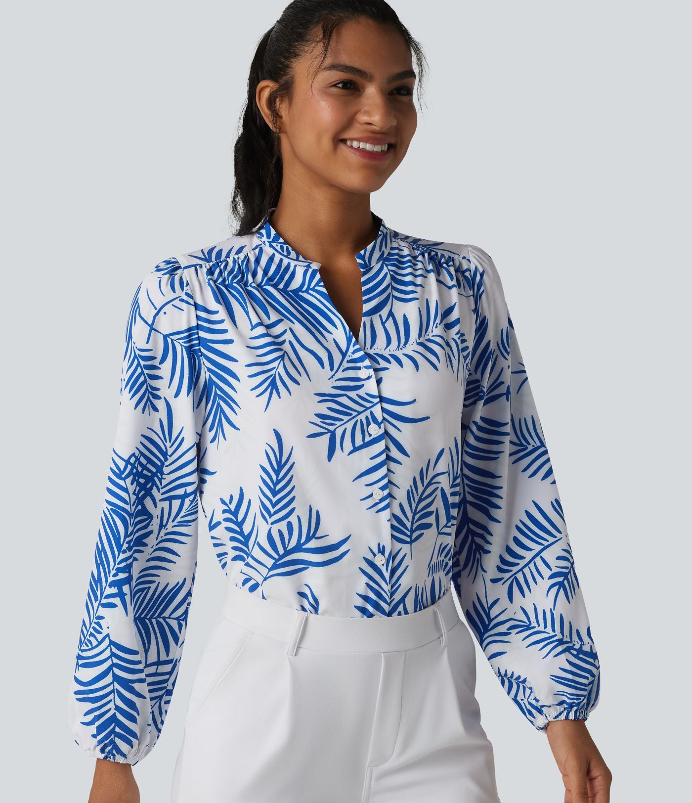 Blouse habillée col V manches longues imprimé tropical botanique