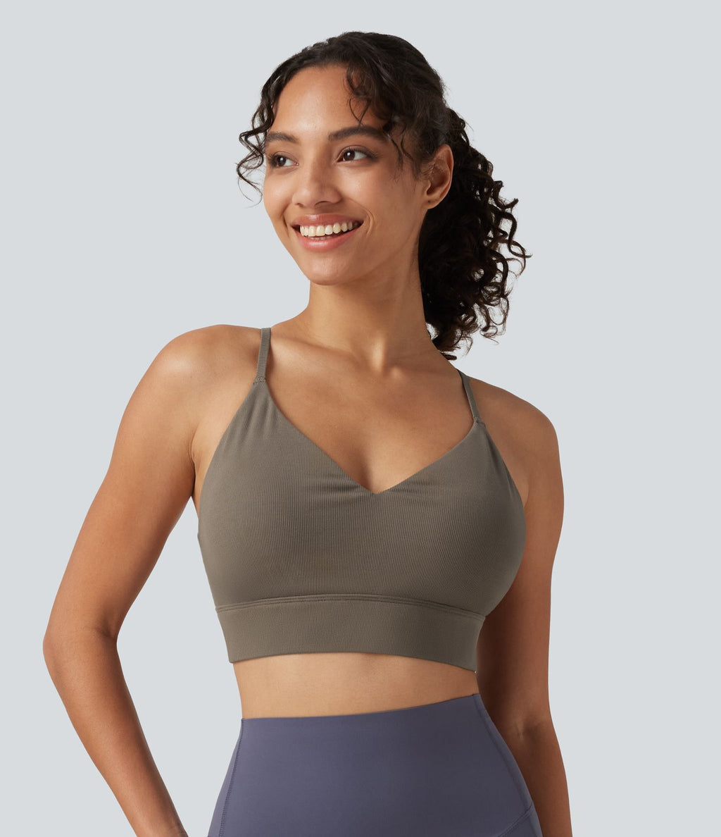 Brassière de yoga côtelée maintien léger à col V avec bretelles croisées et coussinets amovibles