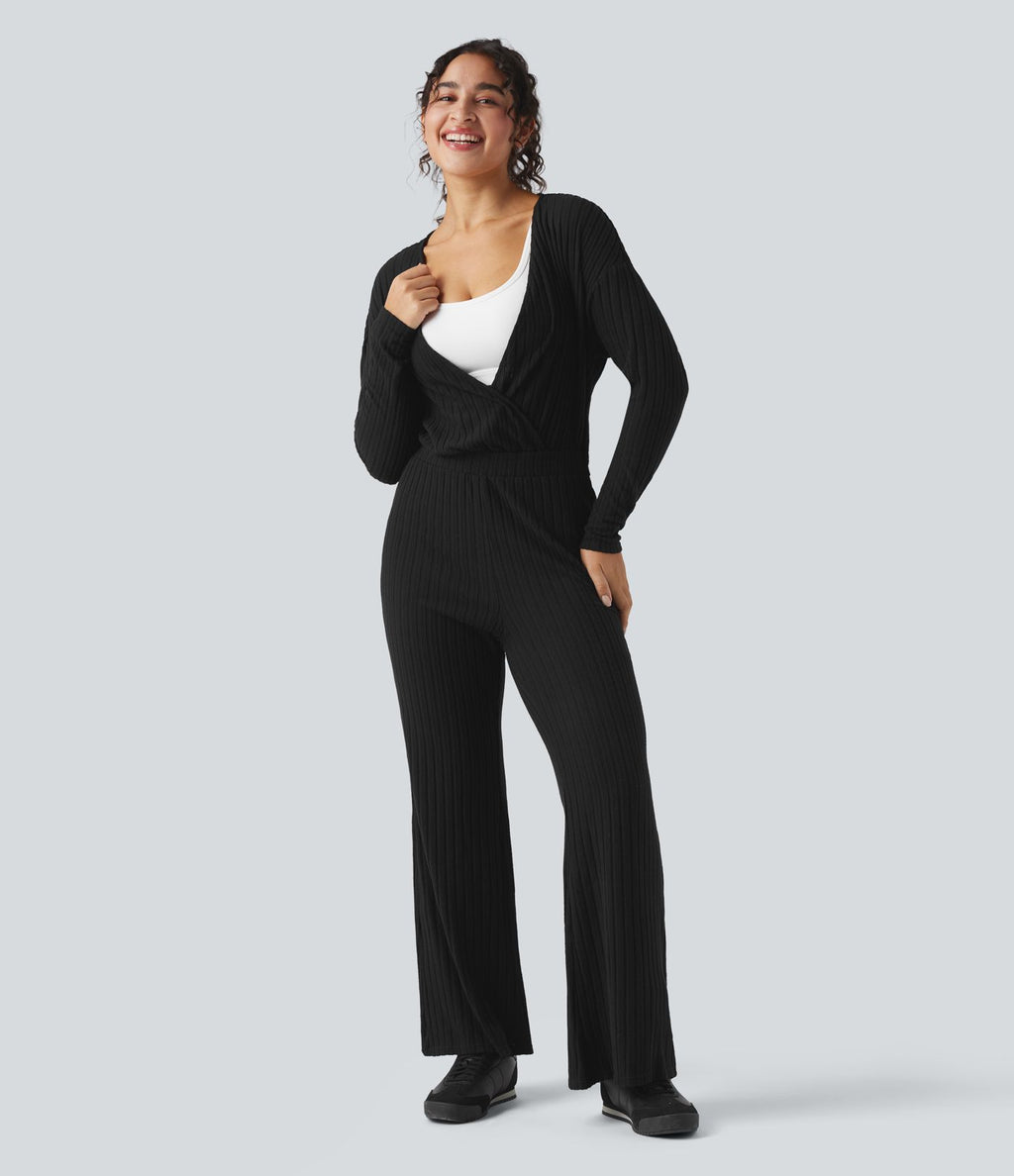 Combinaison casual côtelée maille col V manches longues - Easy Peasy