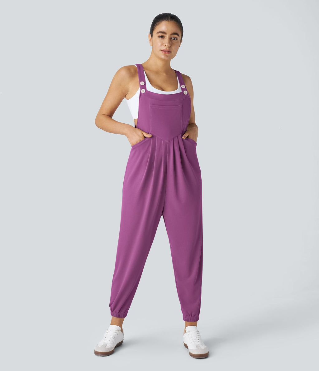 Salopette Casual Bretelles Ajustables Boutonnés Multiples Poches Plis et Tissu Gaufré