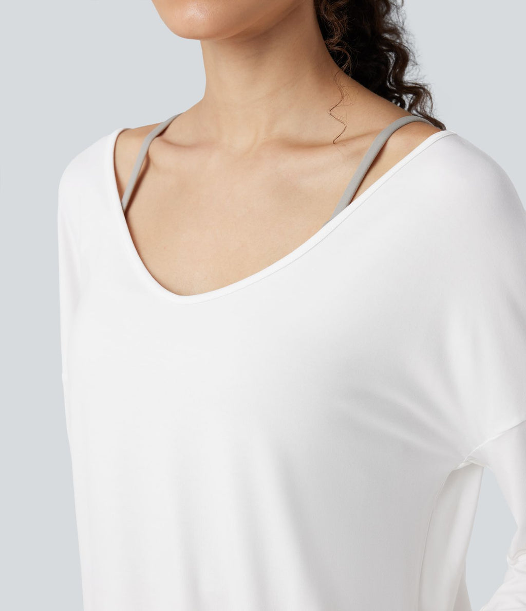 T-shirt décontracté col V profond manches longues à trous pouces coupe décontractée - Réversible devant et dos