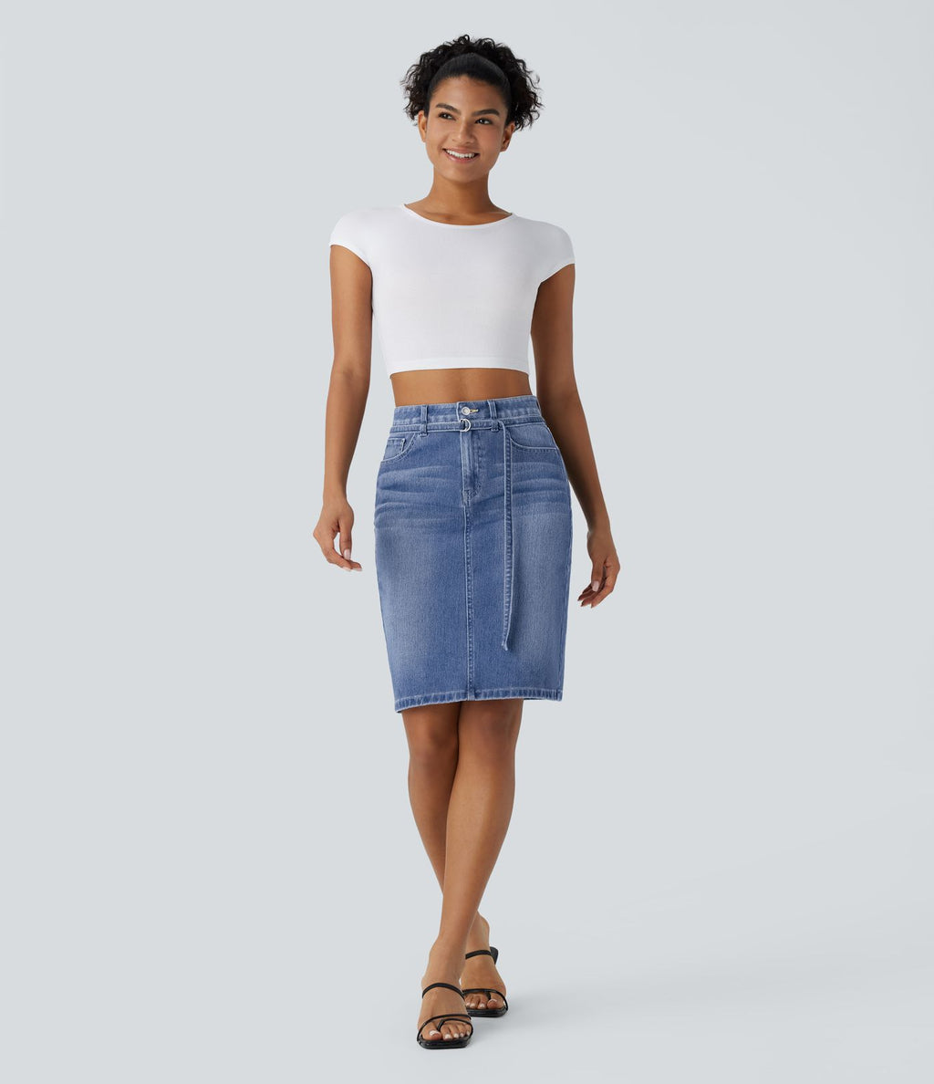 Jupe en Jean midi décontractée extensible délavée à taille moyenne avec boutons, fermeture éclair, poches multiples et fente