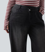 Jean décontracté grande taille Halara Flex™ asymétrique taille basse jambes larges effet délavé avec poches
