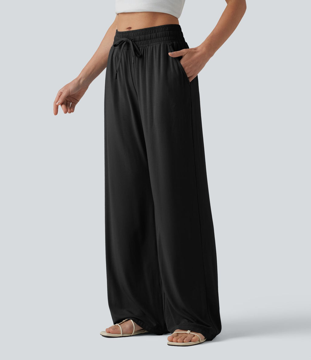 Pantalon large décontracté taille mi-haute avec cordon de serrage et poches