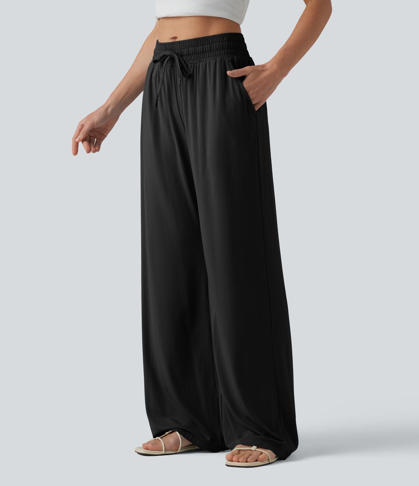 Pantalon large décontracté taille mi-haute avec cordon de serrage et poches