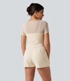 Combishort de soirée SoftlyZero™ Plush à encolure bateau avec coussinets amovibles, mesh contrasté et poches, accès facile Easy Peasy