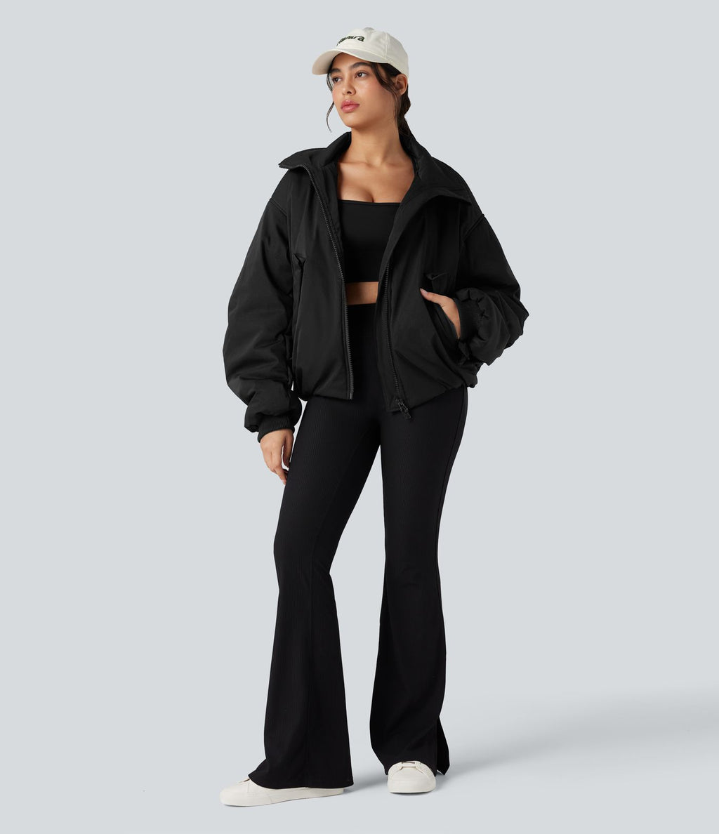 Doudoune casual zippée à col montant et manches longues avec poches