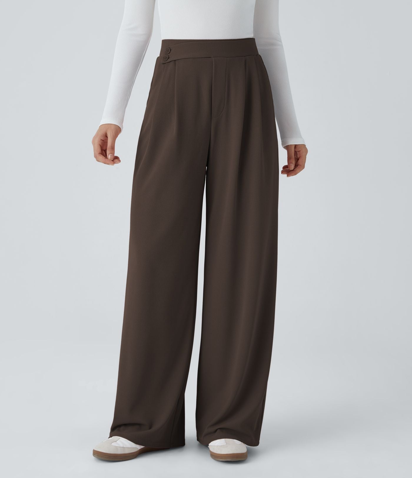 Pantalon taille haute décontracté large en maille gaufrée, avec poches