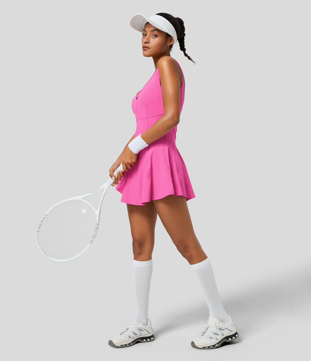Softlyzero™ QuickDry Robe Sport Tennis Mini à Séchage Rapide Col U Demi Zep Dos Nu 2 en 1 avec Poches Latérales