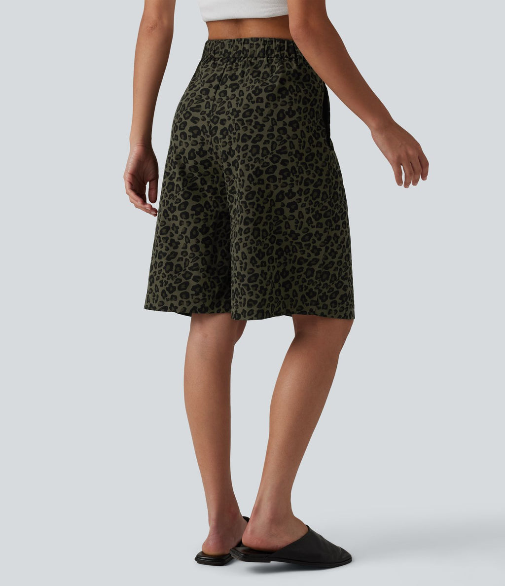 Short ample décontracté à imprimé léopard taille mi-haute, 25 cm, avec poches