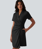 Robe tailleur courte col châle manches courtes