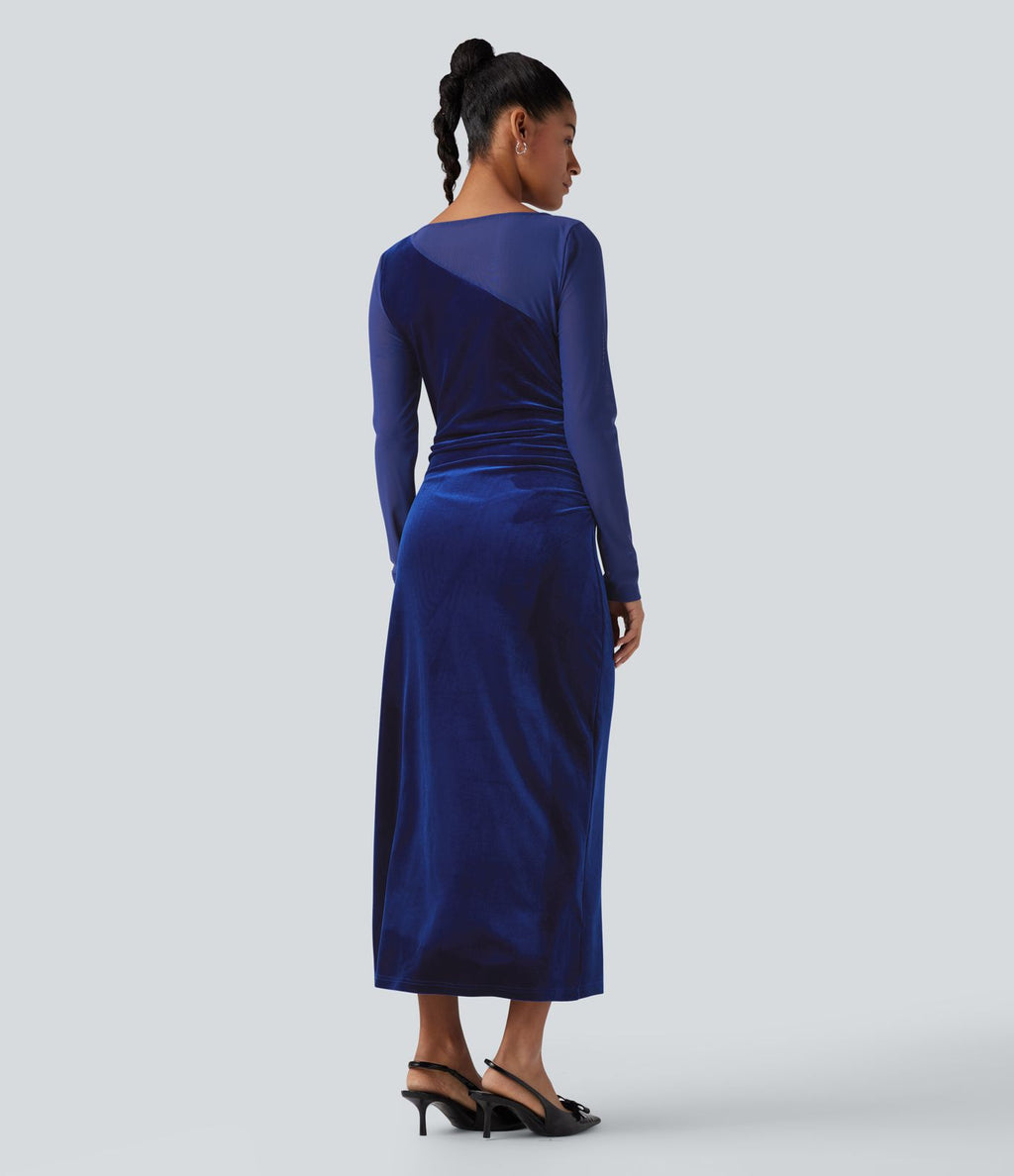 Robe de soirée midi en velours col rond à manches longues froncée avec mesh contrastant