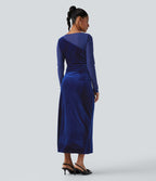 Robe de soirée midi en velours col rond à manches longues froncée avec mesh contrastant
