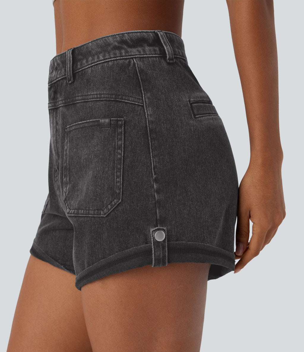 Short décontracté en jean extensible délavé Halara Flex™ taille moyenne avec revers et poches avant
