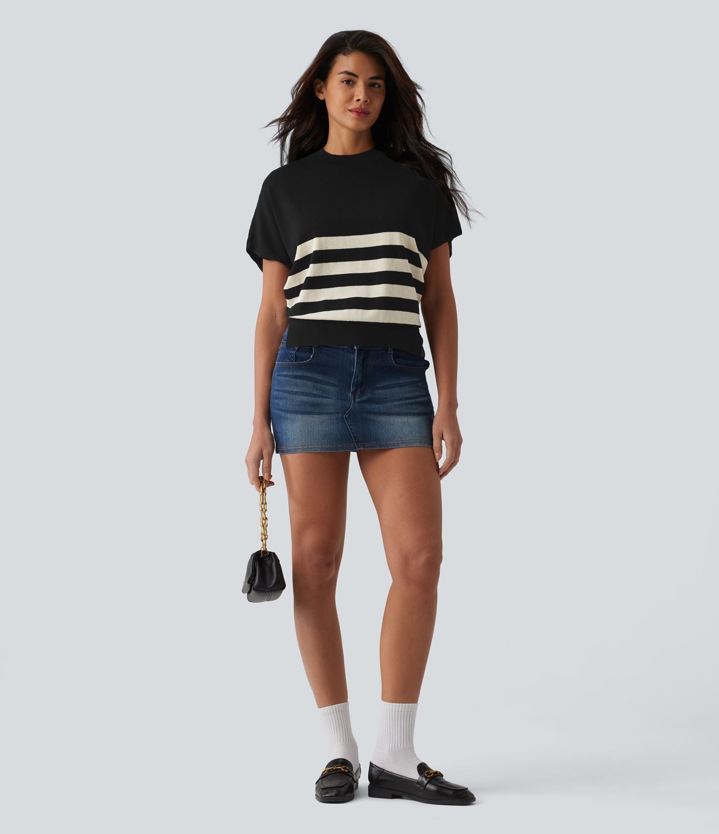 Pull casual col rond manches courtes à rayures