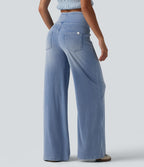 Halara Flex™ Jean large casual baggy taille mi-haute en lyocell drapé effet délavé, avec poches