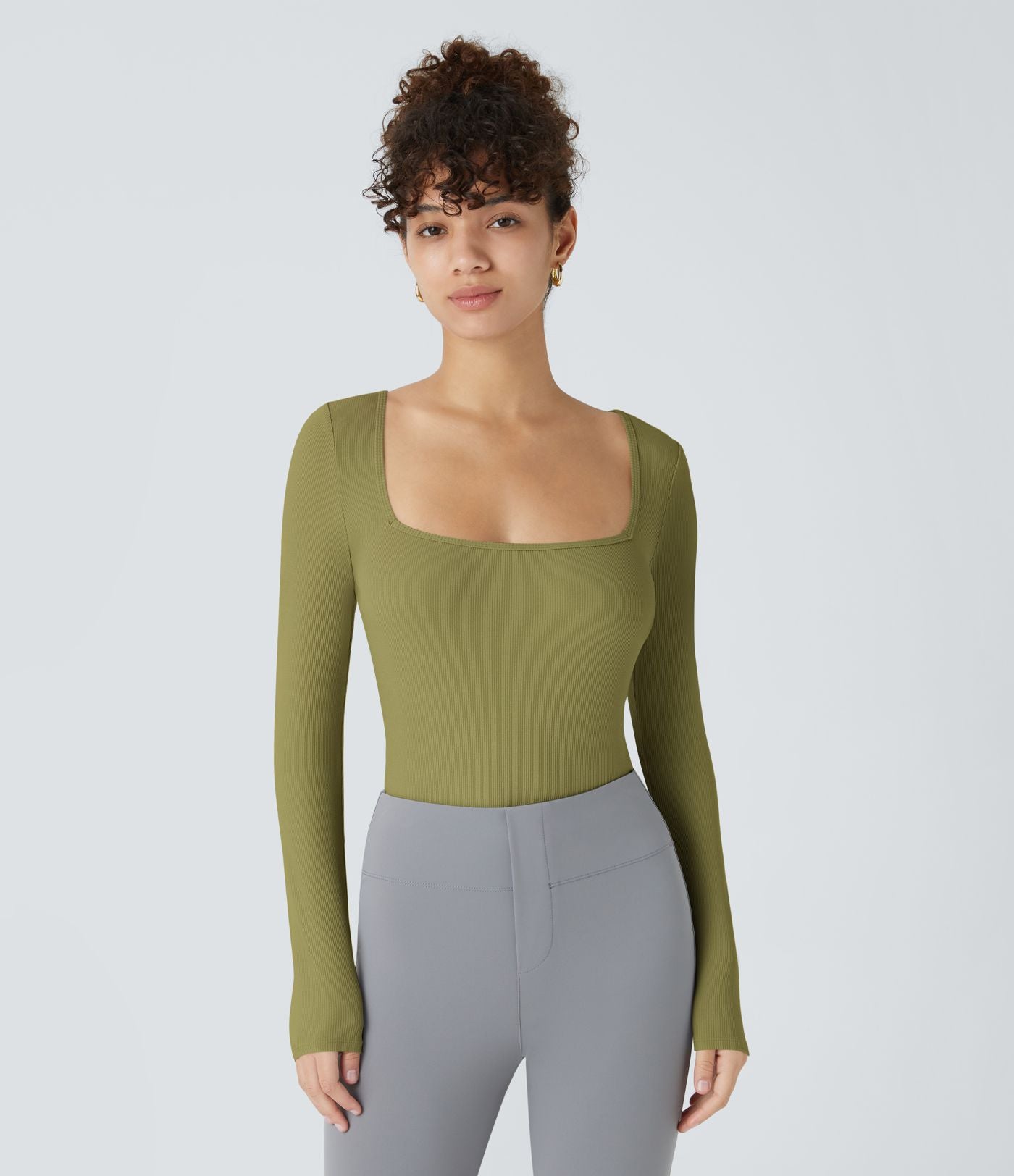Bodysuit de Travail Tricot Côtelé Col Carré Manches Longues Boutonné Silhouette Élancée
