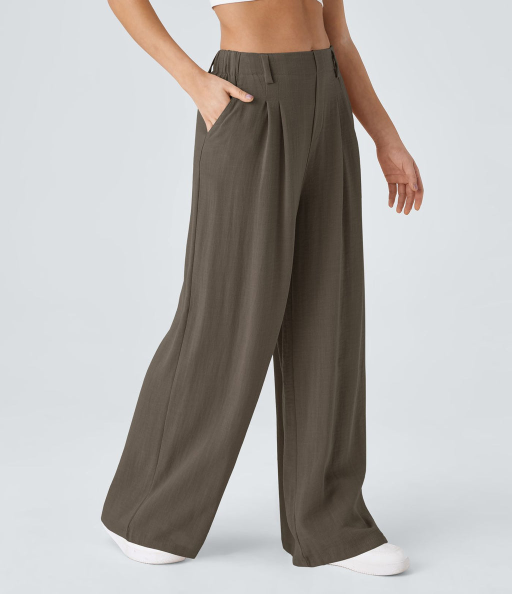 Pantalon Fluide Large Taille Haute Poches Latérales Palazzo Solide Casual Linen-Feel