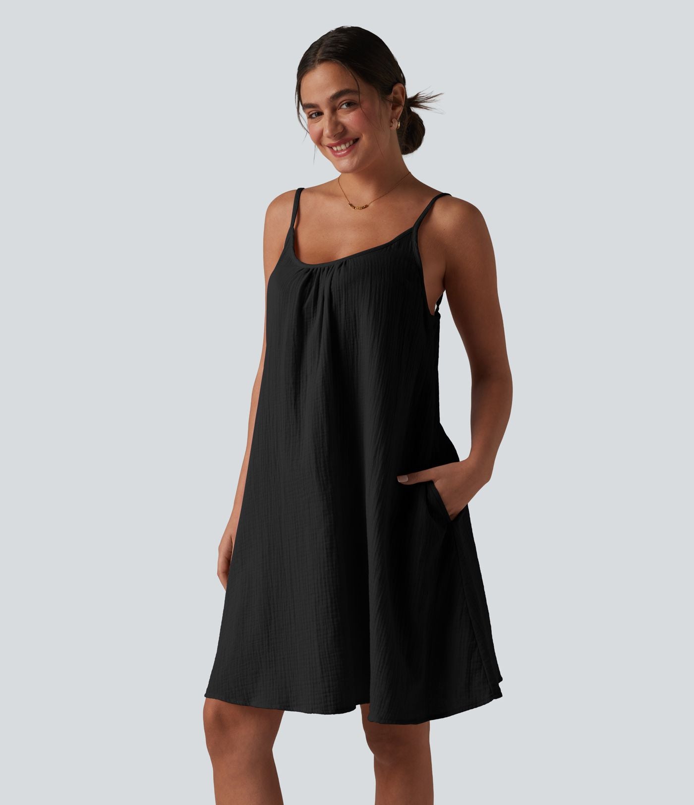Robe nuisette mini fluide casual en coton bretelles réglables avec poches