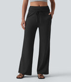 Pantalon casual évasé chiné taille mi-haute à ceinture rabattable, fronces et cordon de serrage avec poches