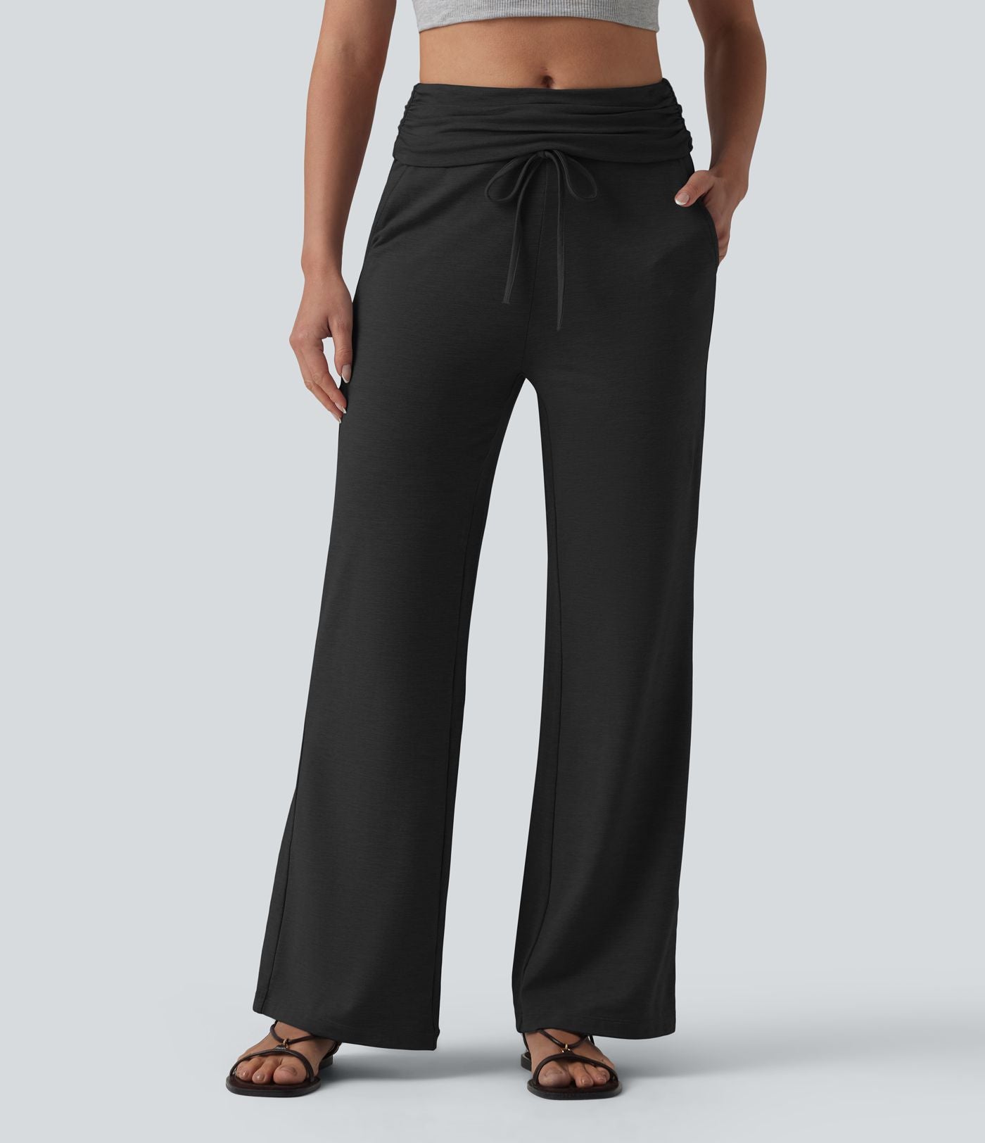 Pantalon casual évasé chiné taille mi-haute à ceinture rabattable, fronces et cordon de serrage avec poches