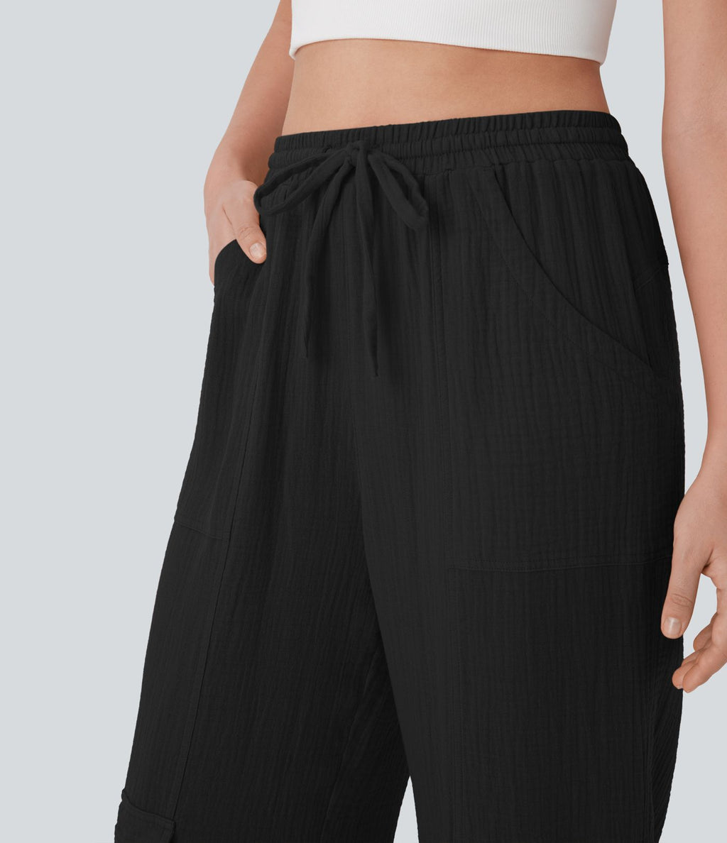 Pantalon cargo large fluide en coton taille haute avec cordon de serrage et poches