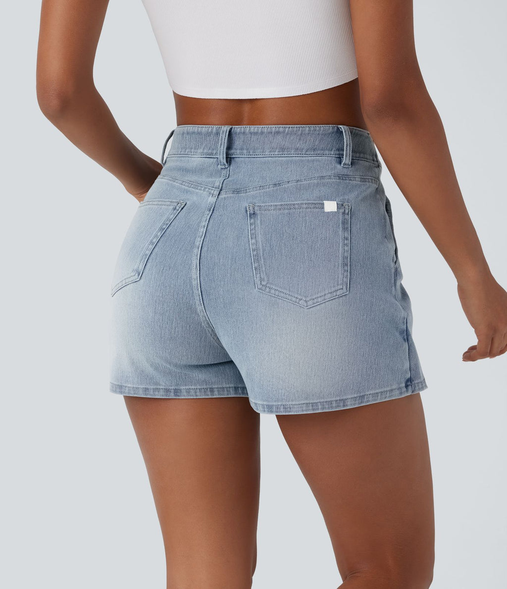Halara Flex™ Short décontracté en jean extensible effet délavé à taille haute avec poches multiples et détail enveloppant