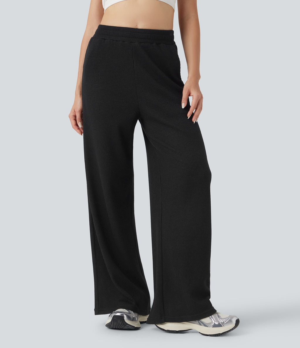 Pantalon large décontracté maille gaufrée taille mi-haute avec cordon et poches