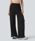 Pantalon large décontracté maille gaufrée taille mi-haute avec cordon et poches