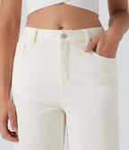 Bermuda décontracté en jean extensible délavé Halara Flex™ taille haute avec revers et multiples poches