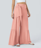 Breezeful™ Pantalon Large Casual Taille Haute Froncé à Nouer Devant et Dos Fluide Séchage Rapide