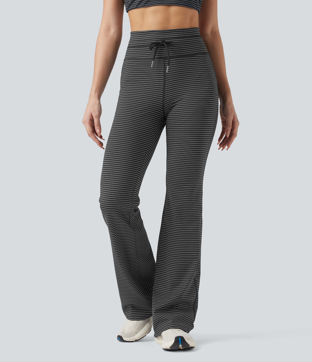 Pantalon de yoga évasé à rayures, taille haute, cordon et poches