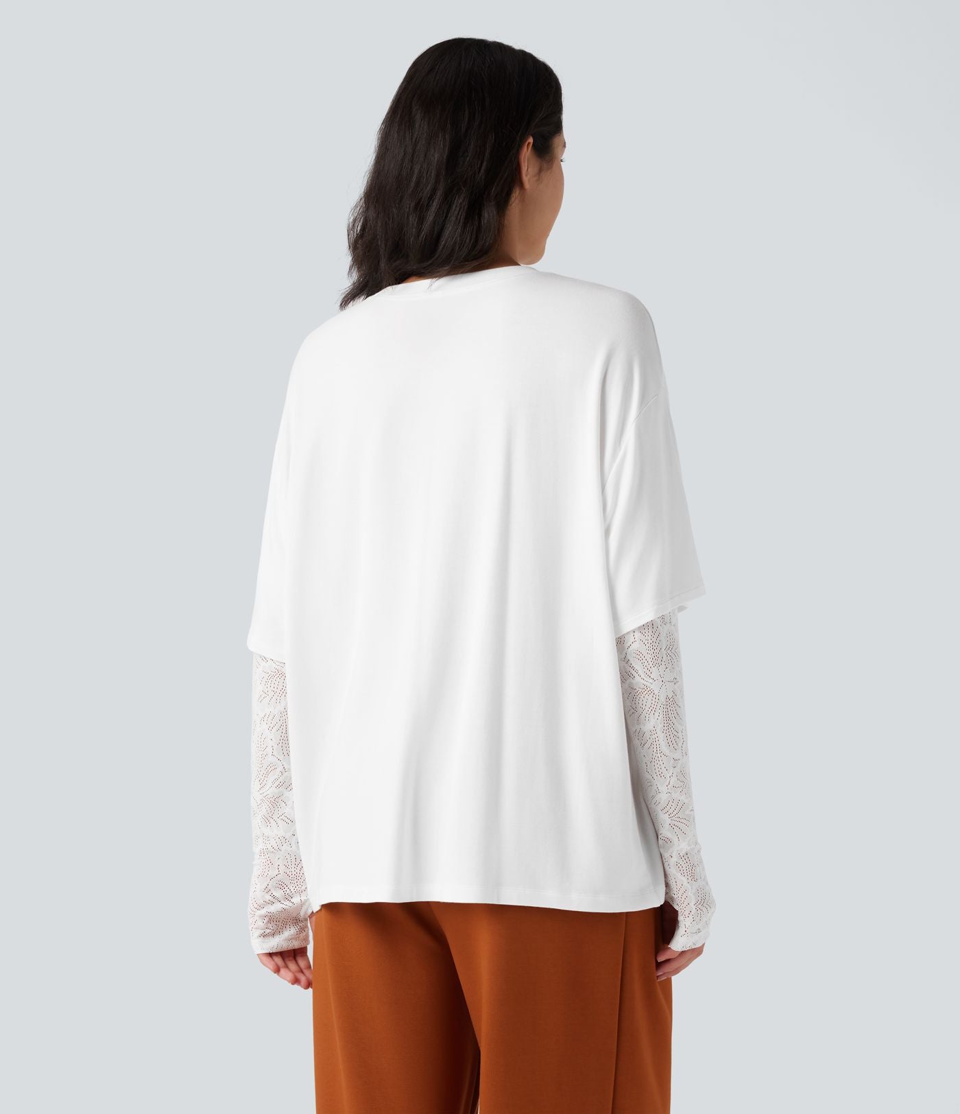 Top 2-en-1 dentelle contrastante col rond manches longues avec trous pouces