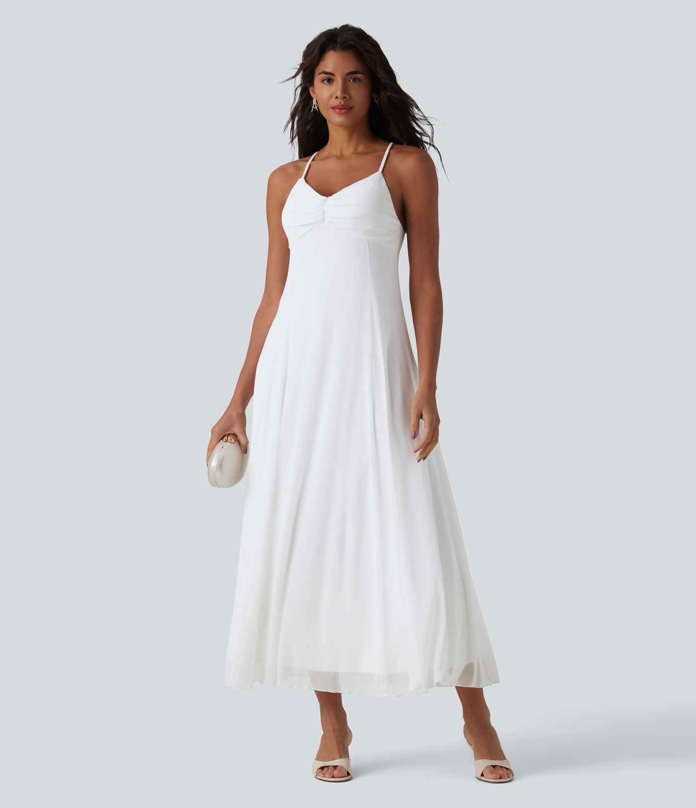 Robe longue fluide dos croisé avec superposition mesh pour demoiselle d'honneur et invitée mariage
