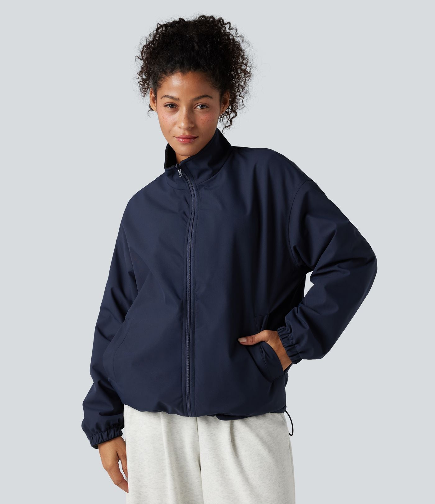 Veste polaire randonnée réversible col montant fermeture éclair manches longues avec poches (Deux looks en un)