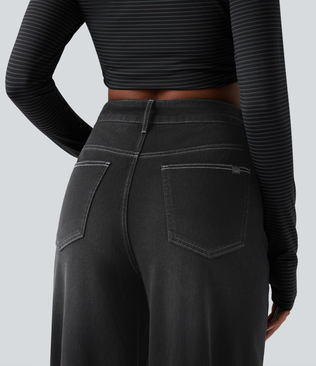 Jean baggy asymétrique Halara Flex™ taille haute effet délavé avec poches