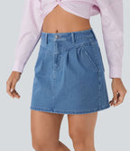 Halara Flex™ jupe patineuse mini taille moyenne en jean extensible avec boutons, fermeture éclair et poches multiples