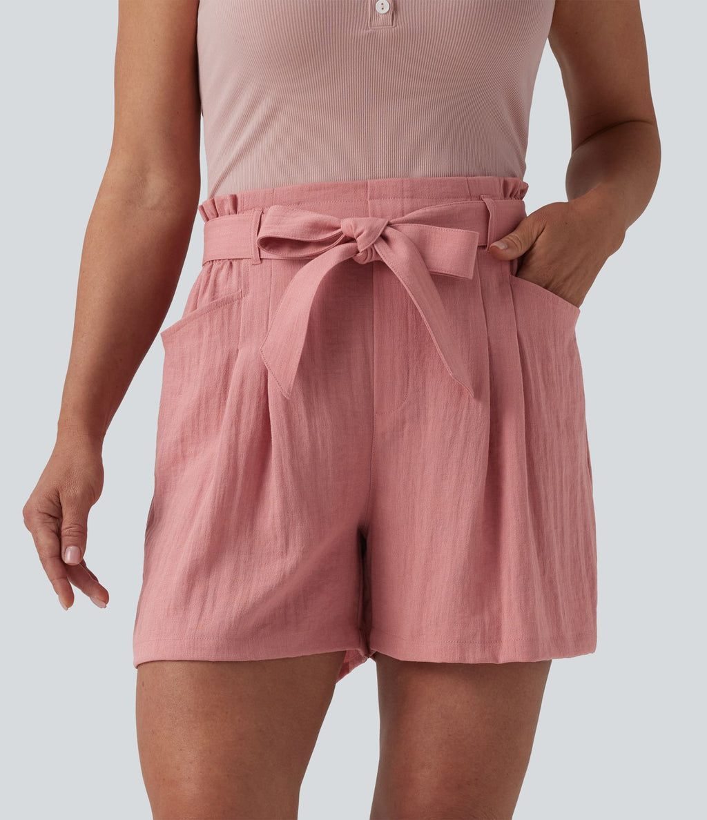 Short décontracté taille haute avec nœud devant aspect lin avec poches
