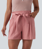 Short décontracté taille haute avec nœud devant aspect lin avec poches