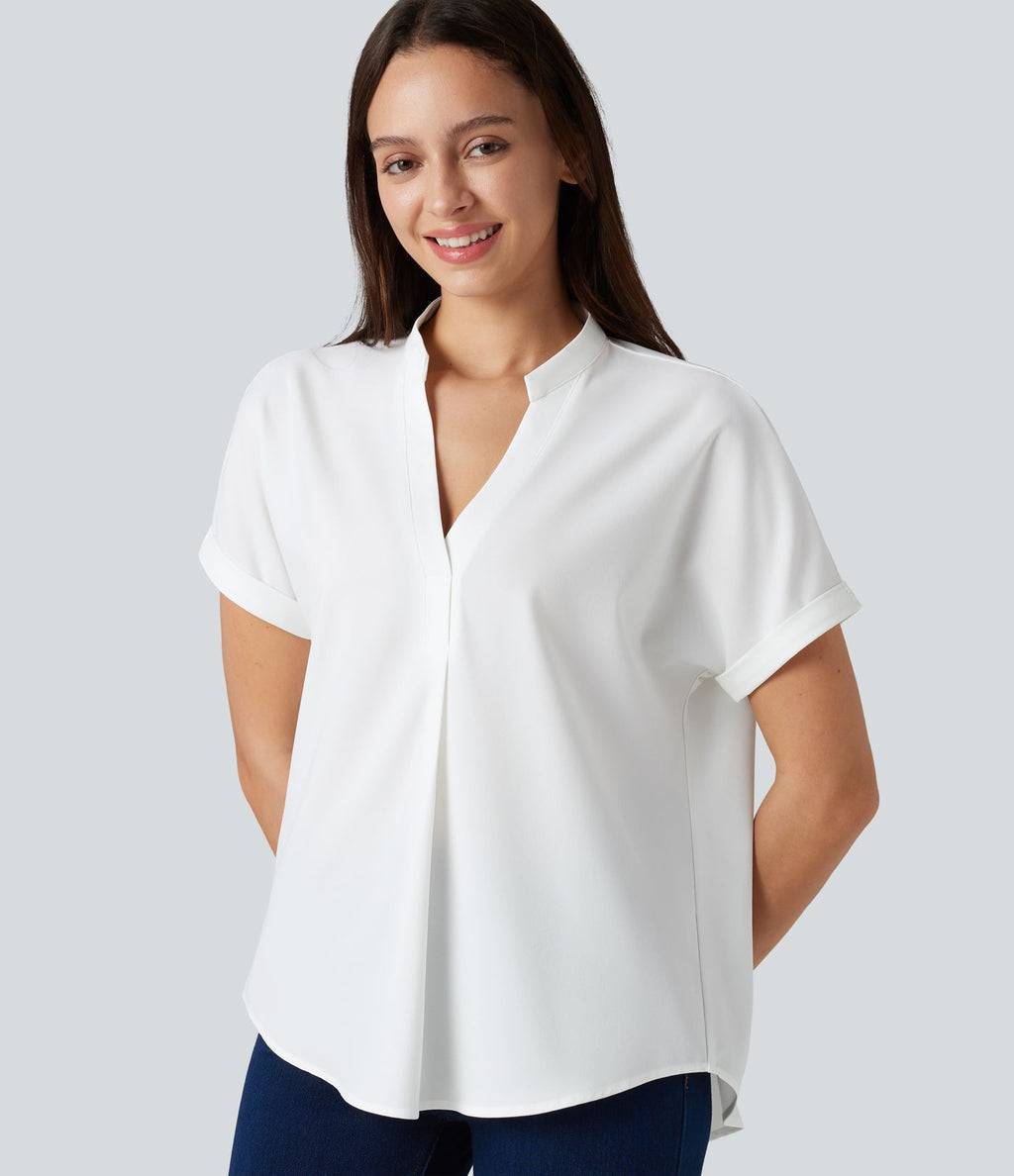 Blouse habillée en mousseline col V à manches courtes, ourlet arrondi et tissu infroissable