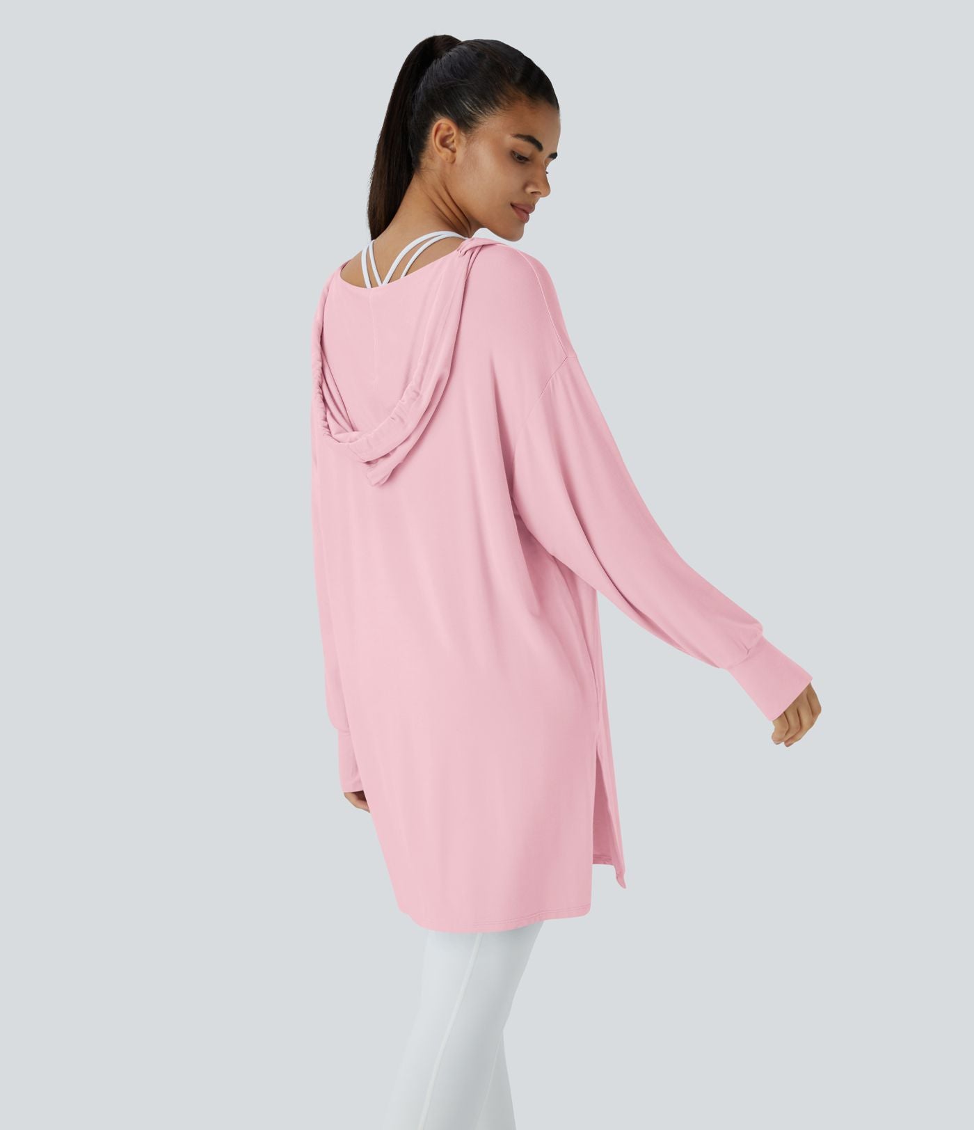 Sweatshirt Casual à Capuche Encolure en V Cordon de Serrage Trou pour le Pouce Fente et Coupe Longue
